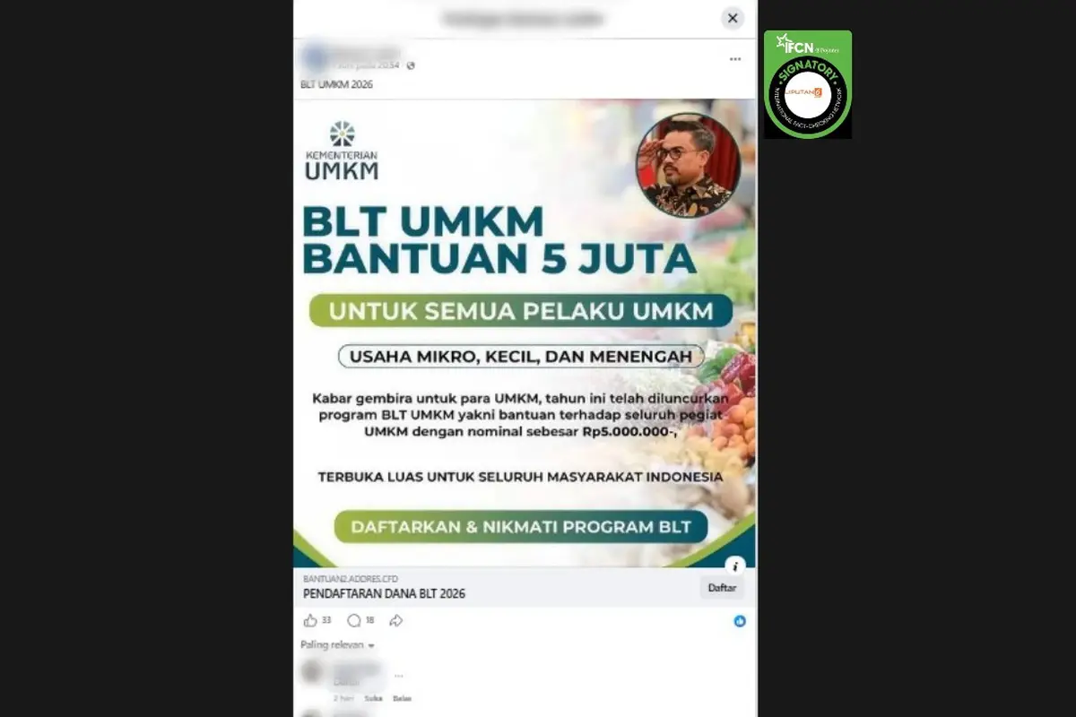 Cek Fakta Liputan6.com mendapati klaim link atau tautan pendaftaran BLT UMKM 2026 sebesar Rp 5.000.000.