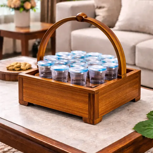 Model Tempat Air Mineral Gelas dari Kayu (ChatGPT)