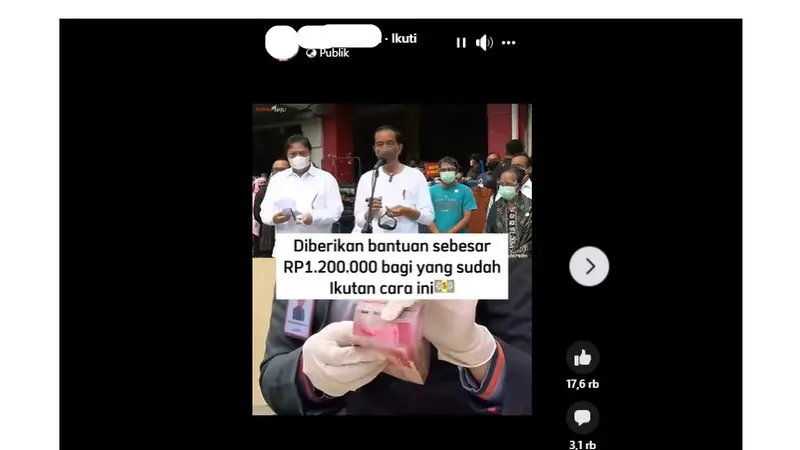Tangkapan layar klaim video Jokowi berikan bantuan Rp 1,2 juta dengan cara mencantumkan  tanda Like pada akun TikTok