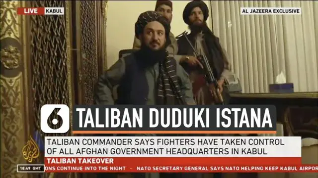 Istana kepresidenan Afghanistan di ibu kota Kabul akhirnya jatuh ke tangan milisi Taliban hari Minggu (15/8). Stasiun televisi Al-Jazeera tayangkan taliban berhasil masuk dan kuasai instana tersebut.