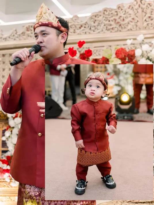 Baby Gin tampak mengemaskan mengenakan pakaian adat Palembang. Gilang dan putranya kompak  mengenakan pakaian sama. Karena acara ini juga acara keduanya. [Instagram/gilangdirga]