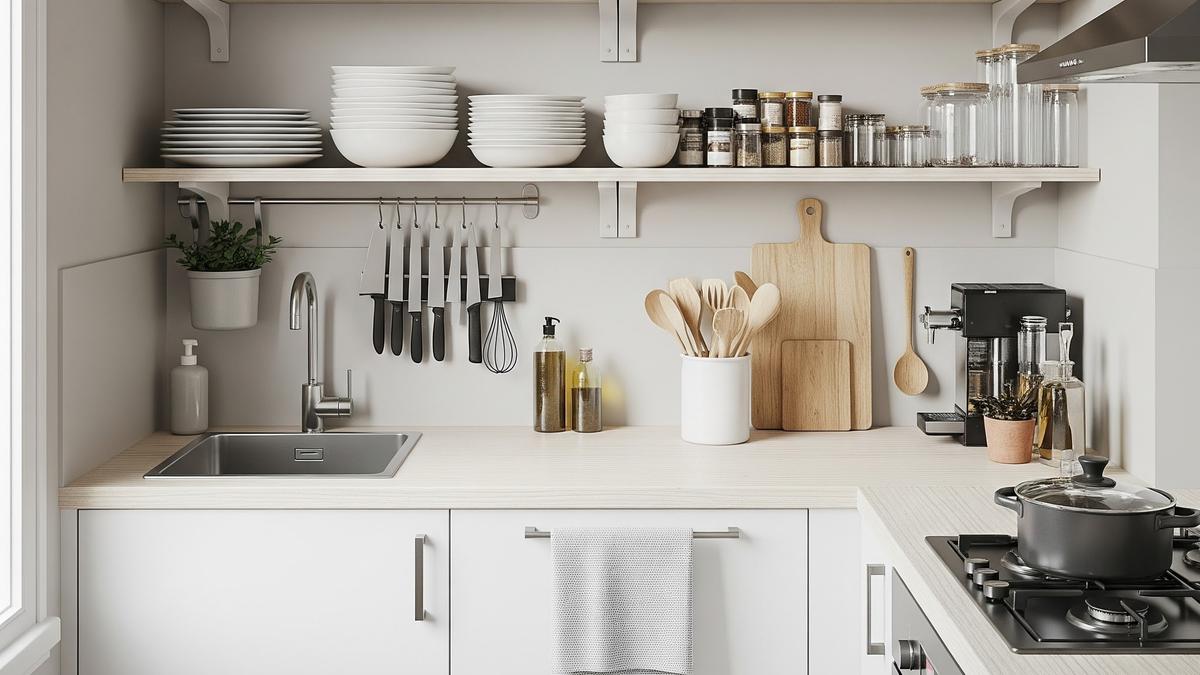 7 Dapur Kecil dengan Rak Terbuka dan Warna Netral, Elegan dan Minimalis