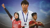 Ilustrasi - Shin Tae-yong diapit Pratama Arhan dan Megawati Hangestri (Bola.com/Adreanus Titus)