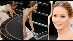 Aktris Jennifer Lawrence mengalami kecelakaan saat menerima penghargaan Oscar  berkat aktingnya dalam film Silver Linnings Playbook pada 24 Februari 2013 (Istimewa)