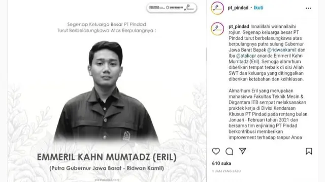 Melalui Instagram resmi PT Pindad (Persero), almarhum Eril merupakan mahasiswa Fakultas Teknik Mesin & Dirgantara ITB.