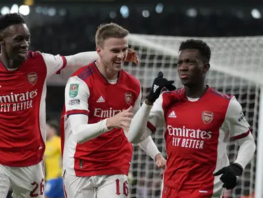 Langkah Arsenal di ajang Carabao Cup belum terhenti. Menjamu Sunderland di markasnya sendiri, The Gunners berhasil memetik kemenangan besar lewat aksi para pemain mudanya. (AFP/Glyn Kirk)