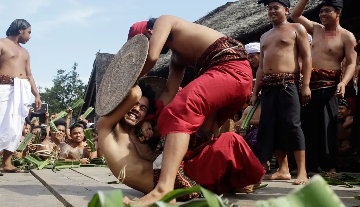Dua orang laki-laki saling serang saat mengikuti Perang Pandan di Bali (8/6). Perang pandan adalah salah satu tradisi yang ada di Bali. Perang ini hanya boleh diikuti oleh kaum pria yang mulai menginjak usia dewasa. (AP/Firdia Lisnawati)
