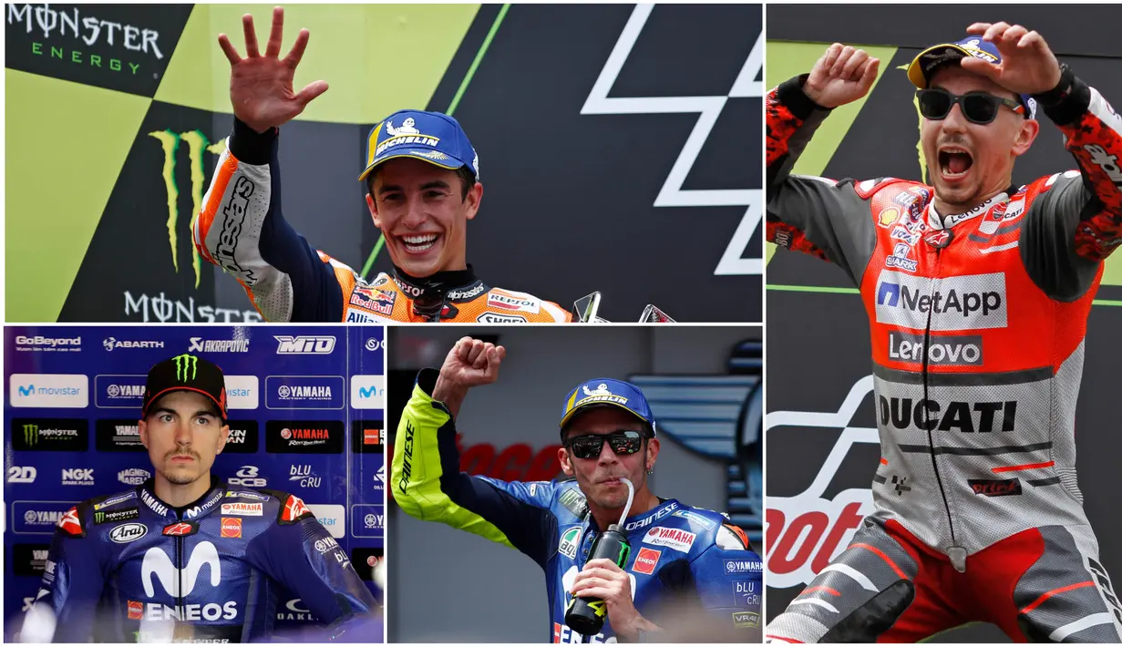 Berikut ini klasemen sementara MotoGP 2018 hingga GP Catalunya, Spanyol. Valentino Rossi terus bayangi Marc Marquez. (Kolase foto-foto dari AP-AFP)