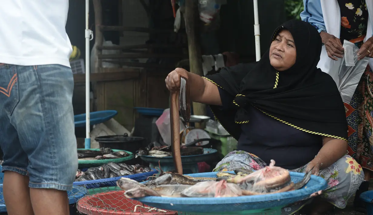 Seorang wanita muslim menjual belut di pinggir jalan di Narathiwat, provinsi selatan Thailand (19/12). Kebanyakan di daerah Narathiwat mereka beretnis Melayu. (AFP Photo/Lillian Suwanrumpha)