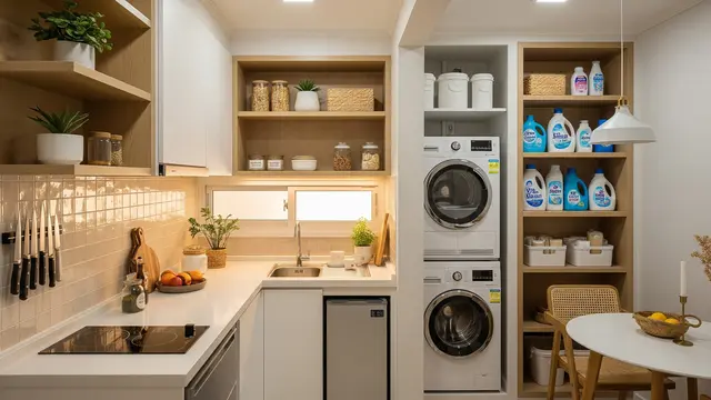 Dapur dan Area Cuci dengan Rak Dinding Terbuka