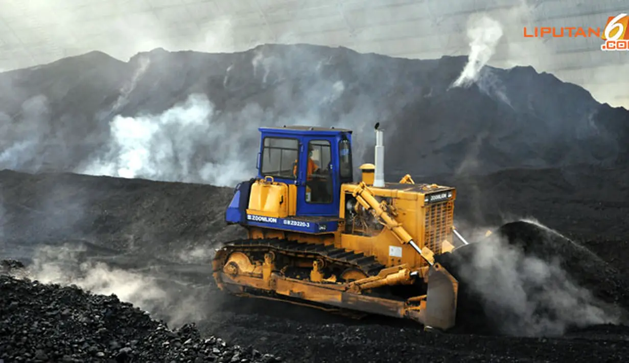 Sebuah bulldozer sedang bekerja di antara timbunan batubara yang asapnya mengepul (Liputan6.com/ Panji Diksana)