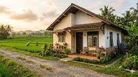 Contoh Rumah Sederhana di Desa Dekat Persawahan dan Jalan Desa (created by AI)