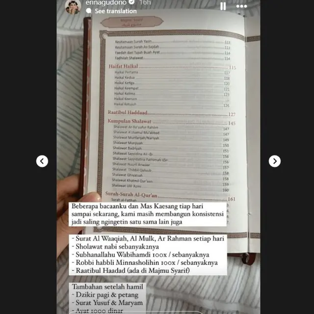 Erina Gudono Ungkap Menambah Bacaan 2 Surat Alquran dan Beberapa Doa Setiap Hari Sejak Hamil. foto Instagram Story @erinagudono