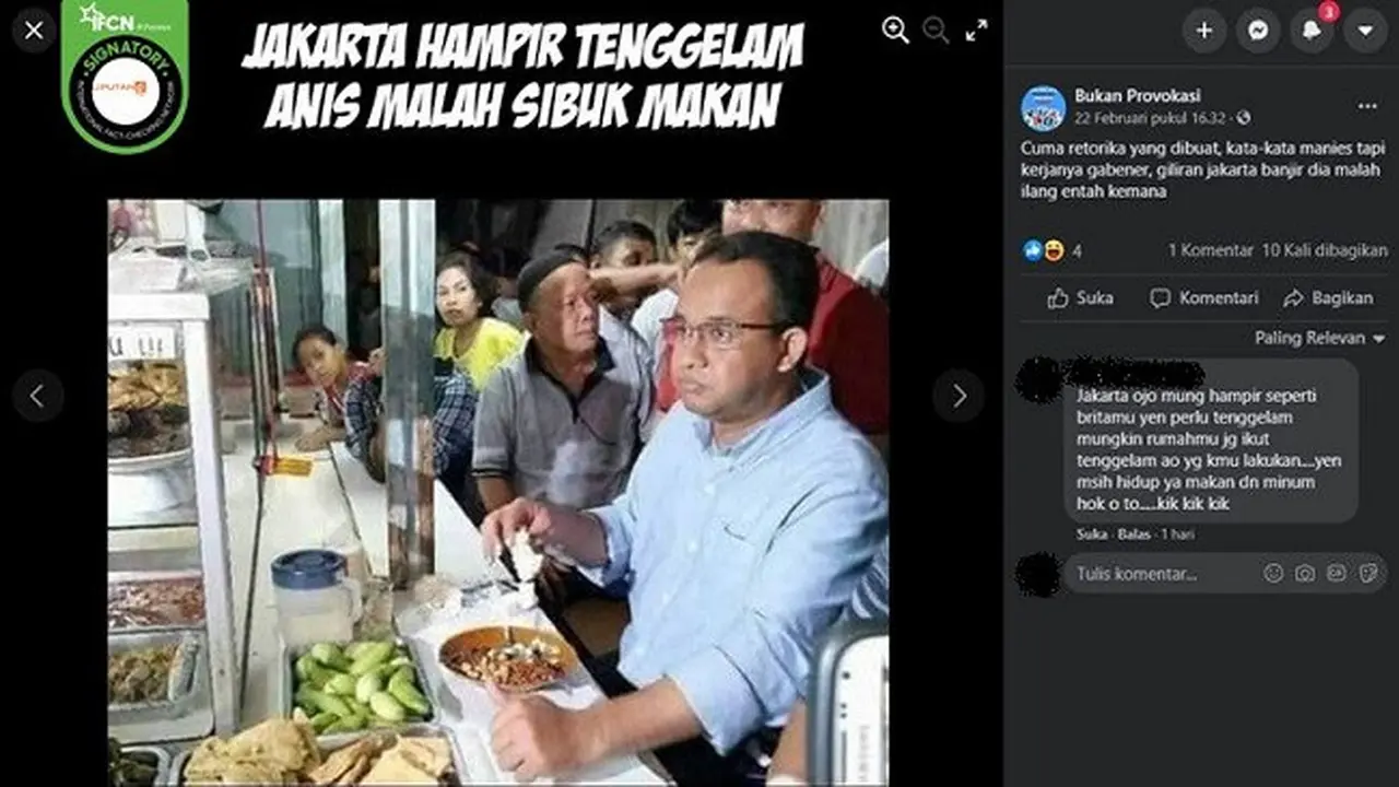 Gambar Tangkapan Layar Foto yang DiklaimAnies Baswedan Makan di Tengah Jakarta yang Hampir Tenggelam (sumber: Facebook)