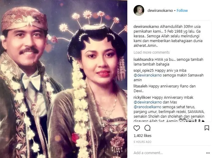 Dewi Rano Karno mengunggah foto saat pernikahan dengan Rano Karno (Instagram/@dewiranokarno)