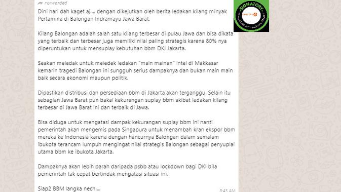 Cek Fakta Liputan6.com menelusuri klaim BBM akan langka akibat meledaknya Kilang Balongan
