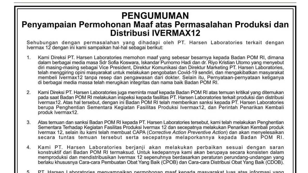 Penyampaian maaf produsen Ivermectin Ivermax12 PT Harsen Laboratories