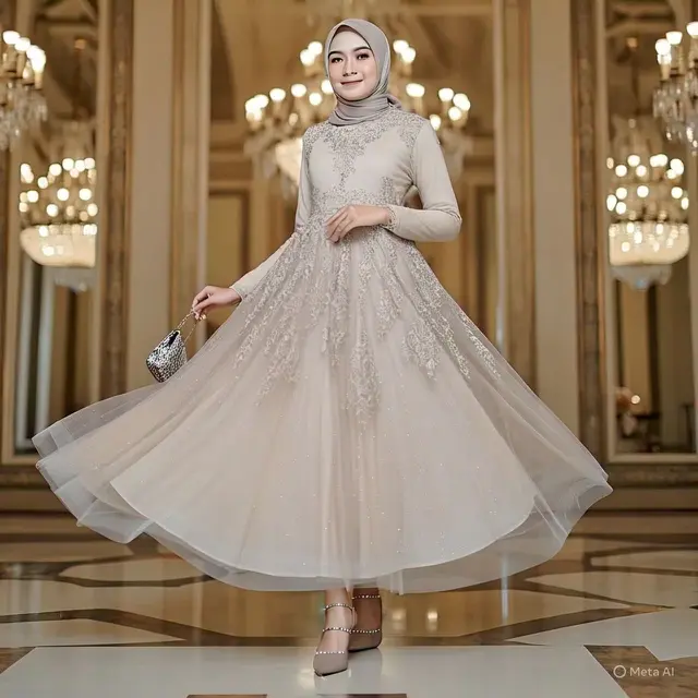 Potret Gaun Pesta Modern Ball Gown dengan Detail Payet Penuh/Via Meta AI
