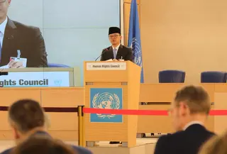 Menteri Luar Negeri RI Sugiono dalam Pertemuan High-Level Segment Dewan Hak Asasi Manusia (Dewan HAM) PBB Sesi ke-58 di Jenewa, Swiss (24/2/2025). (Dok. Kemlu RI)