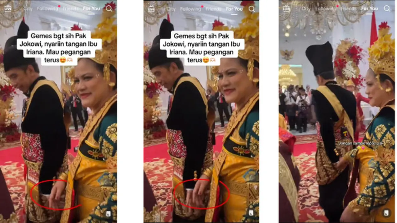 Potret Jokowi yang Mencari-Cari Tangan Iriana Saat Keduanya Hendak Menyapa Para Tamu yang Menghadiri Upacara 17 Agustus 2023. Setelah Berhasil, Jokowi pun Langsung Menggenggam Tangan Iriana