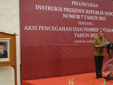 Presiden Joko Widodo saat membuka peluncuran Inpres tentang Aksi Pencegahan dan Pemberantasan Korupsi di Kantor Kementerian PPN/Bappenas, Jakarta, Selasa (26/5/2015). Inpres dimaksud adalah Inpres Nomor 7 Tahun 2015. (Liputan6.com/Faizal Fanani)