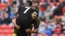 Penyerang Manchester City, Nolito, merayakan gol yang dicetaknya ke gawang Stoke. Masuk pada menit ke-69, bomber Spanyol ini mampu mencetak dua gol pada menit ke 86 dan 90+5. (AFP/Paul Ellis)