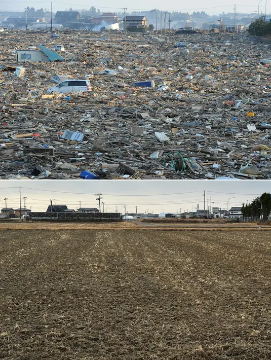 Foto menunjukkan puing-puing akibat bencana tsunami di Natori, Prefektur Miyagi, Jepang, pada 13 Maret 2011 (atas) dan kondisi area yang sama 10 tahun kemudian, pada 26 Januari 2021 (bawah). (AFP/Kazuhiro Nogi, Mike Clarke)