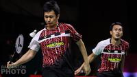 Ganda putra Indonesia Mohammad Ahsan/Hendra Setiawan saat berlaga pada ajang BWF World Tour Finals 2020 yang berlangsung di Impact Arena, Bangkok, Thailand, Minggu (31/1/2020). (foto: BWF-limited acces)
