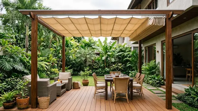 Inspirasi Teras Belakang dengan Atap Pergola dan Penutup Hujan yang Dapat Dibuka