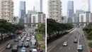 Foto kiri menggambarkan suasana di Jalan Jenderal Sudirman, Selasa (12/03/2019). Foto kanan dilokasi yang sama, Sabtu (18/04/2020). Lebih dari satu bulan Indonesia terkena pandemi Covid-19, per 18 April 2020 tercatat 6.248 kasus positif, 631 sembuh, 535 meninggal. (Liputan6.com/Helmi Fithriansyah)