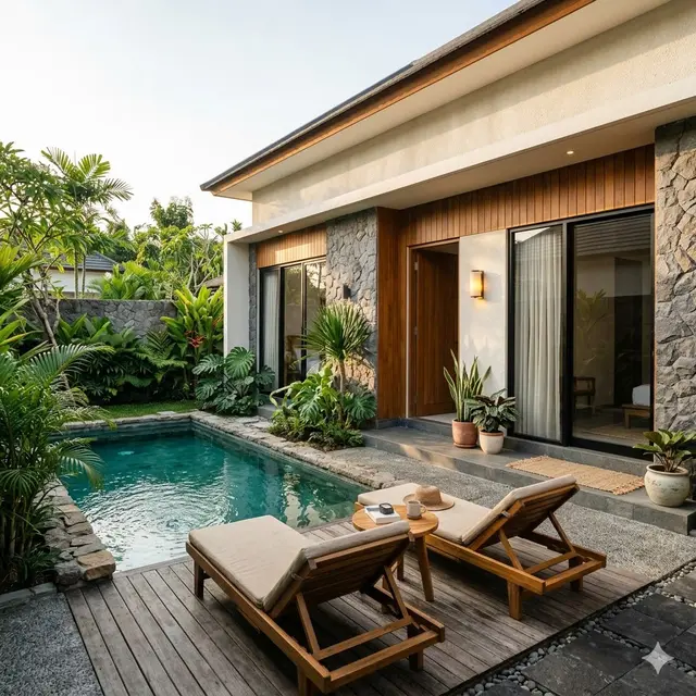 Desain Rumah 1 Lantai 6x10 dengan Kolam Mini Ala Villa