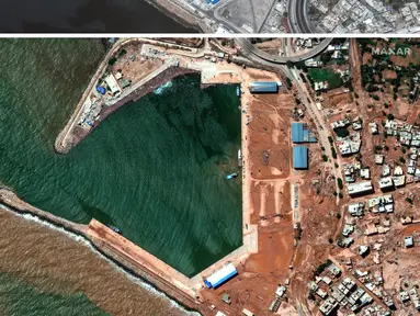 Kombinasi citra satelit dari Maxar Technologies ini menunjukkan fasilitas pelabuhan di Derna, Libya, pada 1 Juli 2023, teratas, dan wilayah yang terkena dampak banjir yang sama pada Rabu, 13 September 2023. Kehancuran terjadi di Derna dan wilayah lain di Libya timur pada Minggu malam, 10 September 2023. (Satellite image &copy;2023 Maxar Technologies via AP)