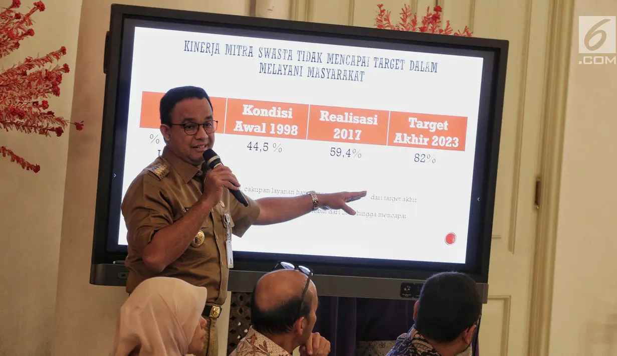 Gubernur DKI Jakarta Anies Baswedan memberi keterangan terkait pengambilalihan pengelolaan air, Gedung Balai Kota Jakarta, Senin (11/2). Pemprov DKI akan mengambil alih pengelolaan air dari PT Aetra Air Jakarta dan PT PALYJA. (Liputan6.com/Faizal Fanani)