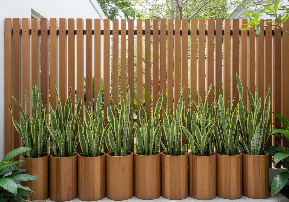 Pagar Kayu Vertikal dengan Tanaman Lidah Mertua (Sansevieria)