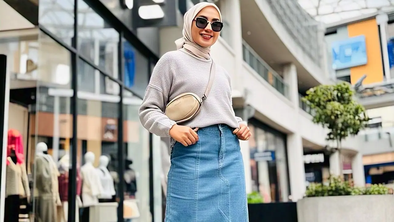 Outfit ke Mall Rok Denim Panjang dengan Sweater untuk Look Trendy