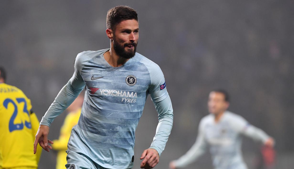 Oliver Giroud melakukan selebrasi usai mencetak gol ke gawang Bate Borisov di laga lanjutan Grup L Liga Europa 2018/19 yang berlangsung di Stadion Borisov Arena (9/11). Chelsea menang 1-0 (AFP/Kirill Kudrayavsev