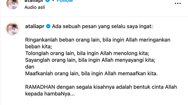 Unggahan Atalia Praratya. (Foto: Dok. Instagram @ataliapr)