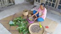 Nyang Nok (58) sedang meracik ramuan tradisonal di depan teras rumahnya di Desa Jambi Kecil, Kabupaten Muaro Jambi. (Liputan6.com / Gresi Plasmanto)