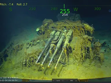 Tim penjelajah yang dipimpin oleh pendiri Microsoft,  Paul Allen berhasil menemukan bangkai kapal induk Amerika Serikat (AS), USS Lexington, dari era Perang Dunia II di dasar Laut Coral, dekat lepas pantai Australia, Minggu (4/3). (STR/PAUL G. ALLEN/AFP)