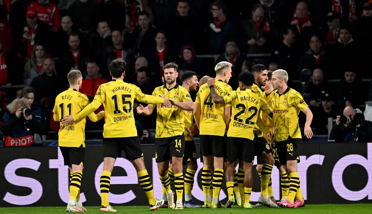 Borussia Dortmund akan menjamu PSV Eindhoven pada pada leg kedua babak 16 besar Liga Champions 2023/2024, 14 Maret mendatang. (JOHN THYS/AFP)