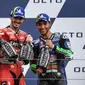 Balapan MotoGP San Marino 2021 dimenangkan oleh Francesco Bagnaia dari tim Lenovo Ducati dan disusul oleh sang pemuncak klasemen sementara, Fabio Quartararo dari tim Monster Yamaha. (AFP/Andreas Solaro)