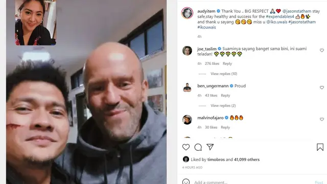 Unggahan Audy, tentang Iko Uwais - Jason Statham. (Instagram/ audyitem)
