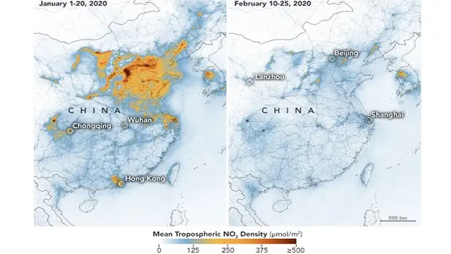 Peta NO2 di China saat virus corona COVID-19 (Tangkapan Layar NASA)