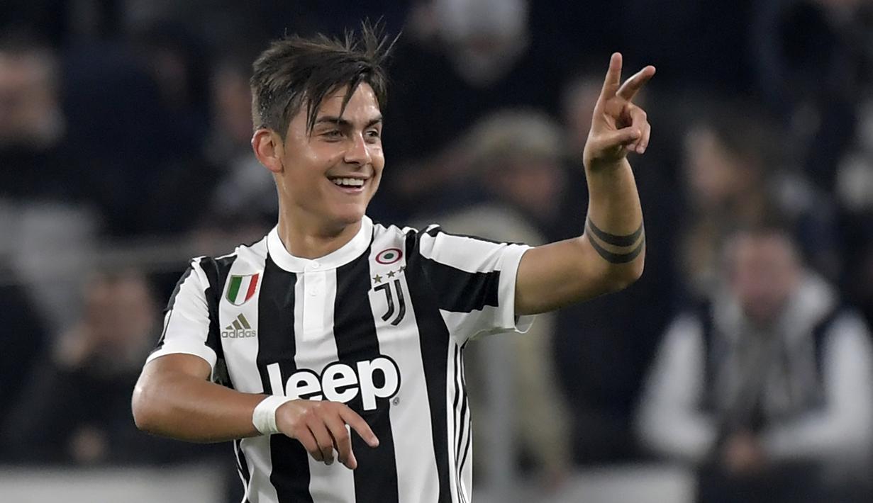 Ekspresi pemain Juventus, Paulo Dybala usai membobol gawang Spal pada lanjutan Serie A di Allianz Stadium, Turin, (25/10/2017). Juventus menang 4-1. (AFP/Miguel Medina)