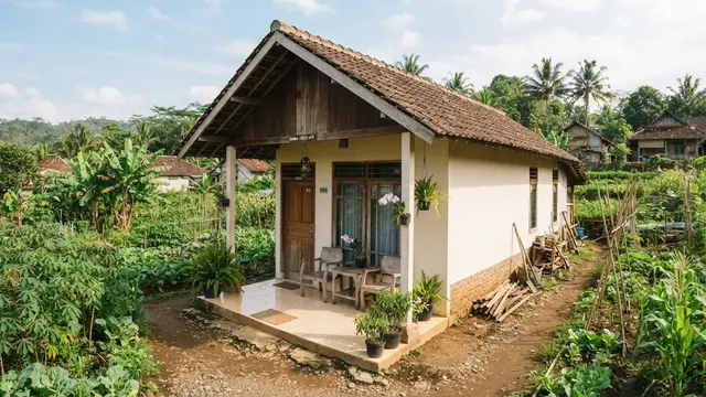 Model rumah di pinggir kebun yang sederhana dan hemat biaya model satu lantai dengan teras depan