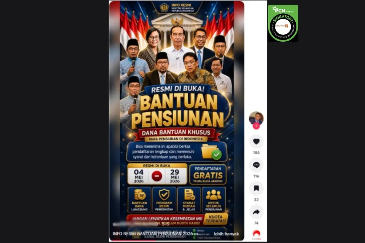 Cek Fakta Liputan6.com mendapati klaim dana bantuan khusus pensiunan periode pendaftaran 4 - 29 Mei 2026.