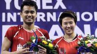 Ekspresi kegembiraan Tontowi Ahmad/Liliyana Natsir setelah menjuarai Prancis Terbuka Super Series 2017, Minggu (22/10/2017). (PBSI)