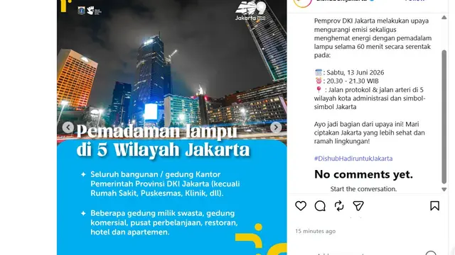 Dinas Perhubungan (Dishub) DKI Jakarta umumkan pemadaman lampu selama 60 menit atau 1 jam serentak pada Sabtu 13 Juni 2026.