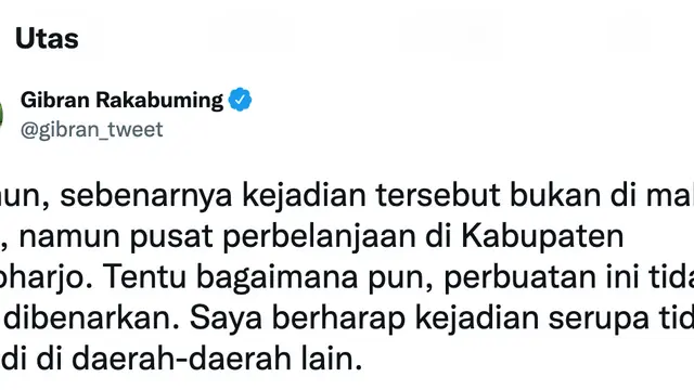Cuitan Gibran Rakabuming Raka soal dugaan pelecehan seksual yang menimpa member JKT48. (Foto: Dok. Twitter @gibran_tweet)