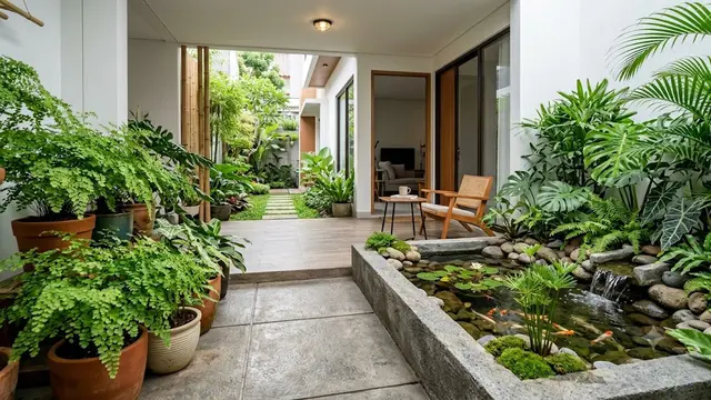 Teras Rumah dengan Tanaman Suplir dan Kolam Mini/AI Generated